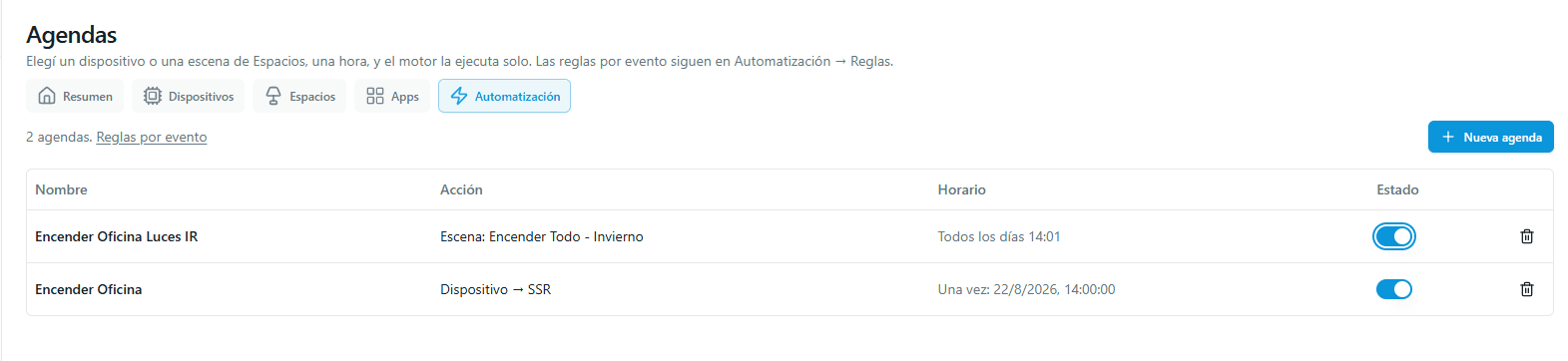 Agendas que ejecutan escenas y dispositivos por horario