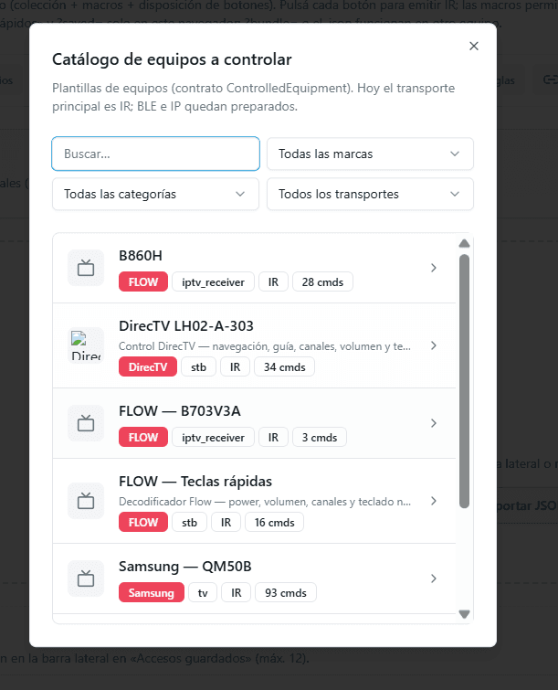 Catálogo de equipos a controlar con plantillas de marcas conocidas