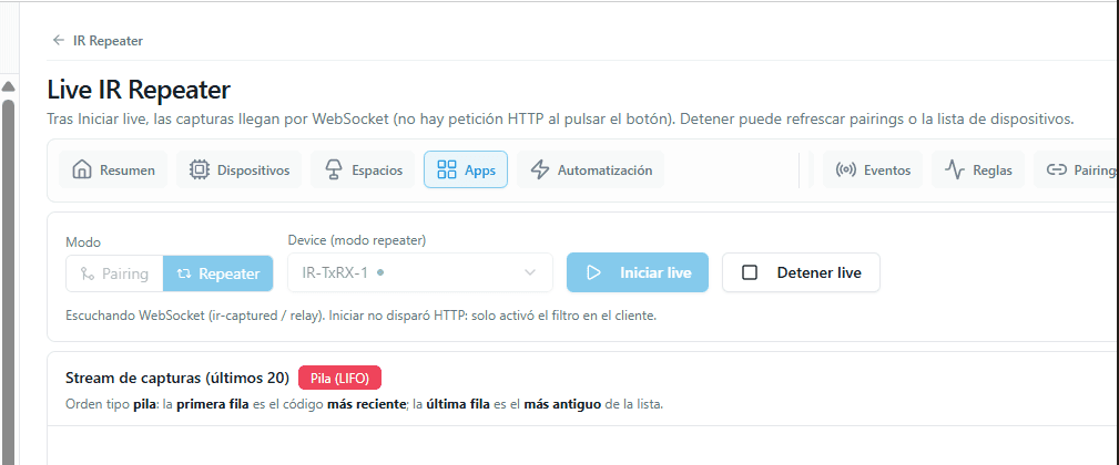 Captura de señales infrarrojas en vivo por WebSocket